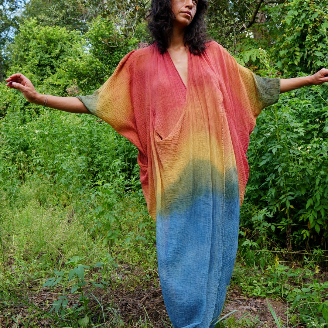 naturally dyed rainbow dress, ceremonial dress, organic cotton dress, unbleached, rainbow aesthetic, natural rainbow, Waldorf teacher,  color therapy, chromotherapy, holistic healing colors, Maria cauldron, Maria calderon, botanical chromotherapy, atmospheric visions, atmospheric art, wearable art, naturally dyed organic clothing
