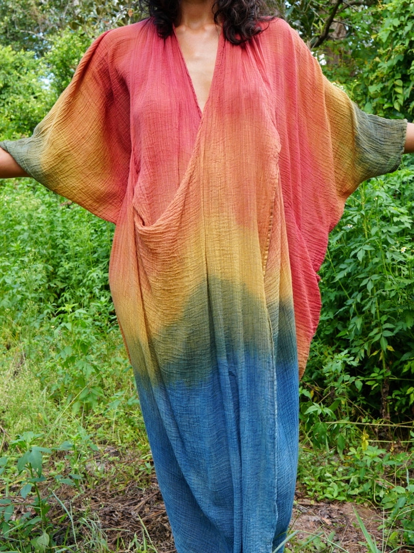 naturally dyed rainbow dress, ceremonial dress, organic cotton dress, unbleached, rainbow aesthetic, natural rainbow, Waldorf teacher,  color therapy, chromotherapy, holistic healing colors, Maria cauldron, Maria calderon, botanical chromotherapy, atmospheric visions, atmospheric art, wearable art, naturally dyed organic clothing
