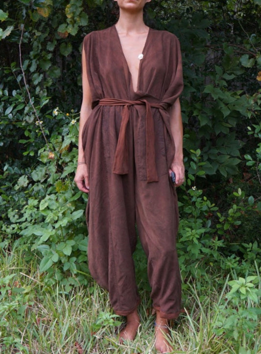 a cacao colored oversized bohemian jumpsuit. a rich warm dark brown like a roasted bean